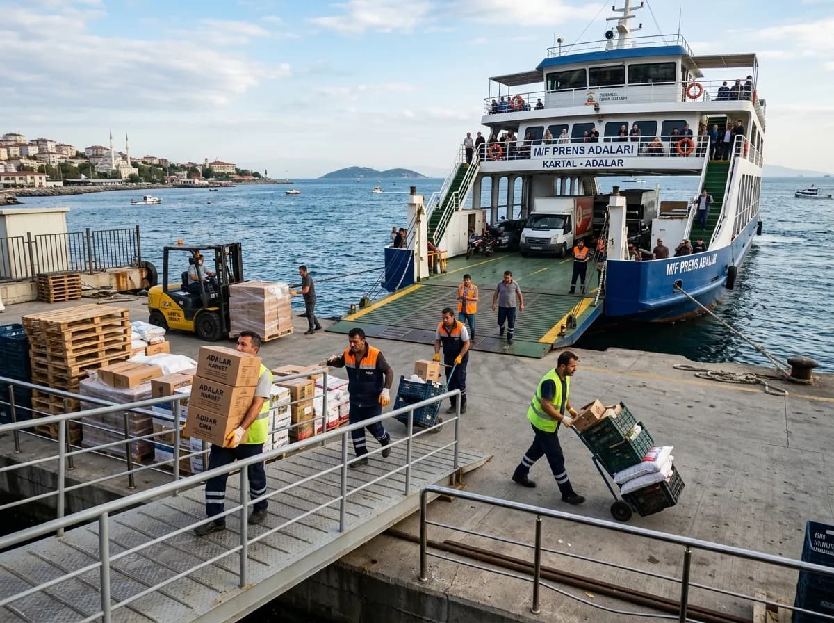 Adalar için Kartal iskelesinde feribota eşya yüklenmesi