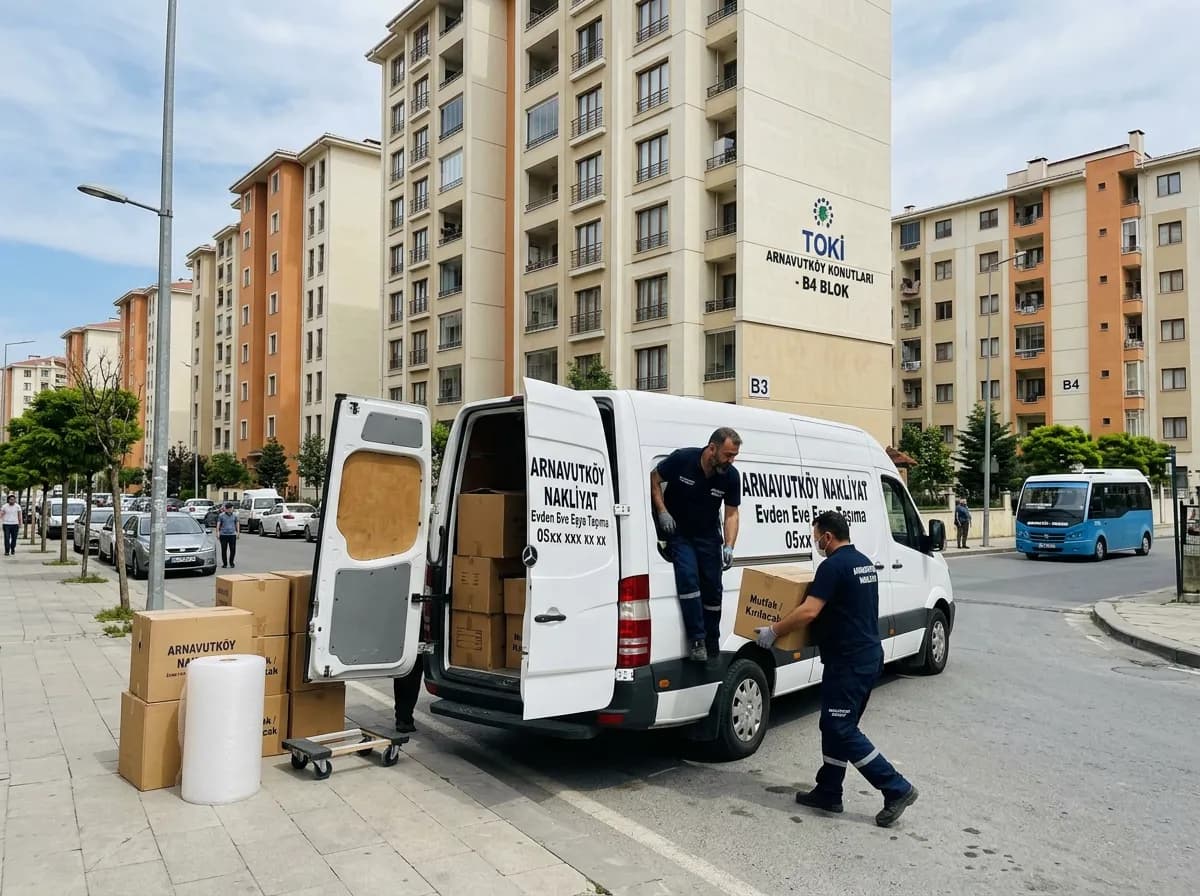 Arnavutköy'de TOKİ bloğu önünde nakliye aracı ve taşıma ekibi