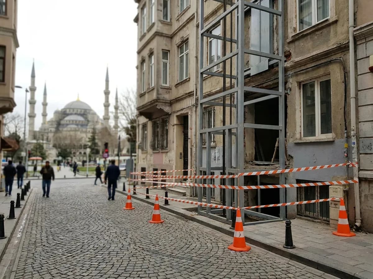 Trafik konisi ve şeritle kapatılmış dış cephe asansörü kurulum alanı