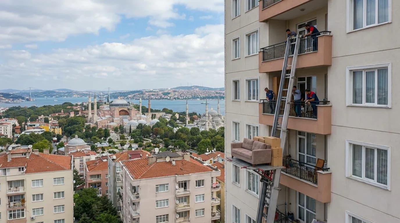 Yüksek katta dış cephe asansörüyle eşya taşıma