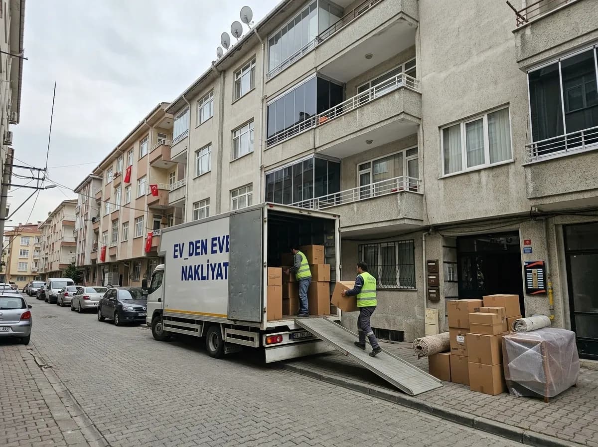 Avcılar'da apartman önünde nakliyat kamyonuna eşya yükleme
