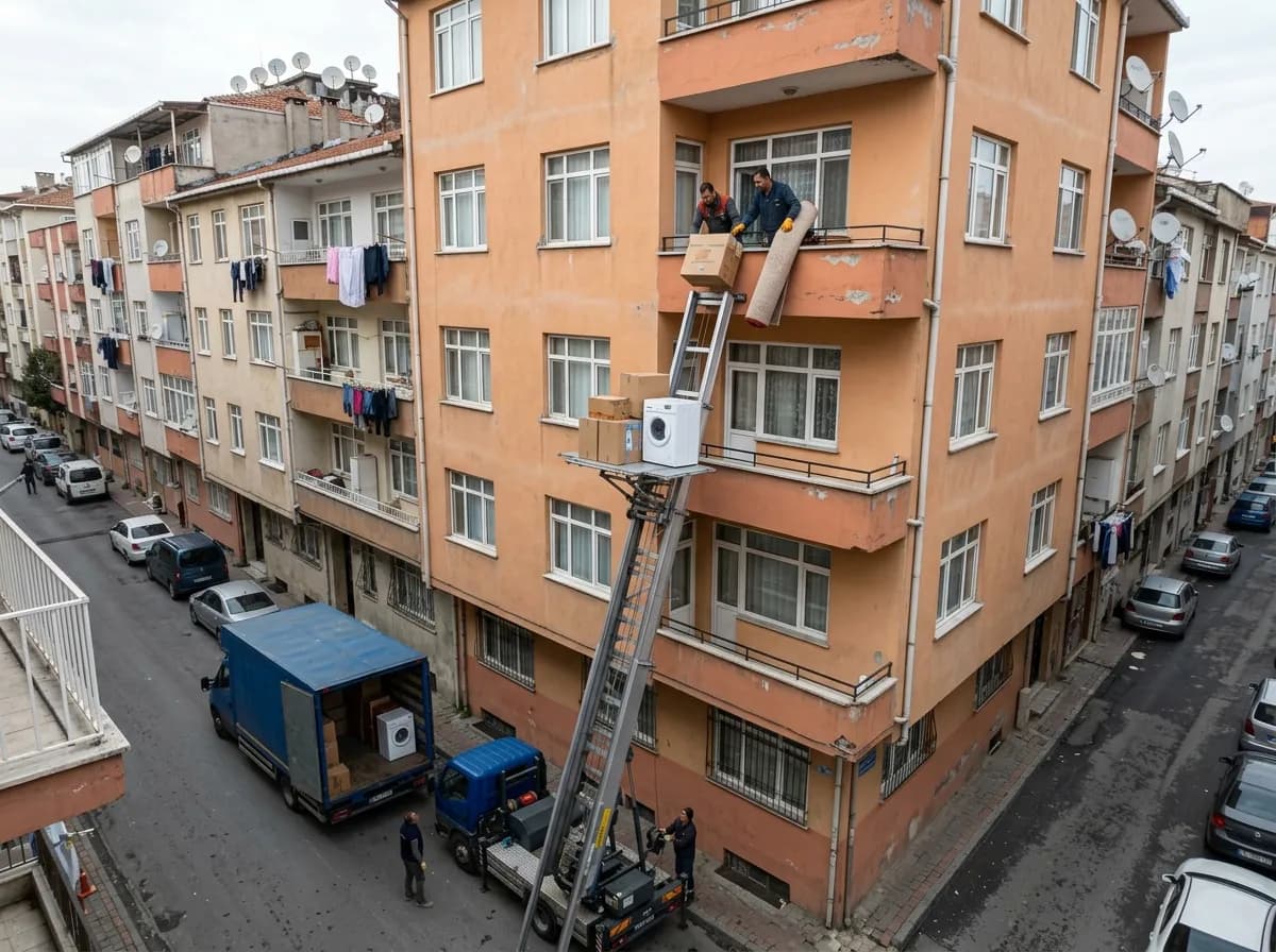 Bağcılar'da asansörsüz apartmanda dış cephe asansörüyle eşya indirme