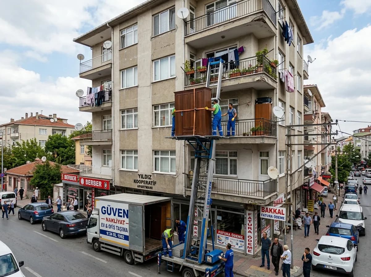 Bahçelievler'de kooperatif apartmanının cephesinden asansörle gardırop indirilmesi