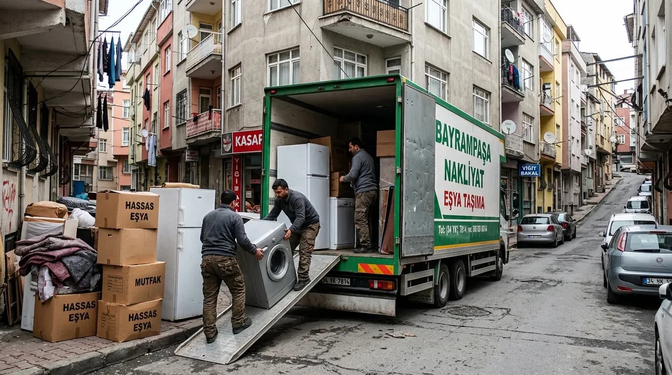 Bayrampaşa dar konut sokağında nakliye kamyonuna yükleme