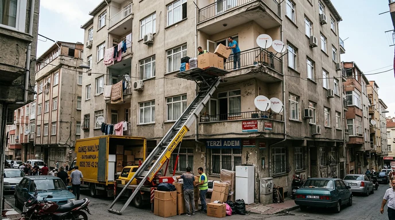 Bayrampaşa'da asansörsüz apartmanda dış cephe asansörüyle eşya indirme