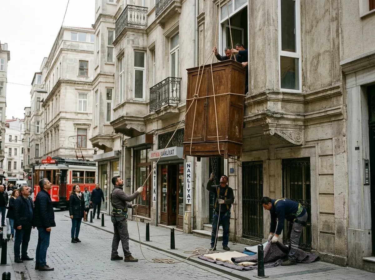 Beyoğlu tarihi binada pencereden halatla büyük eşya indirme