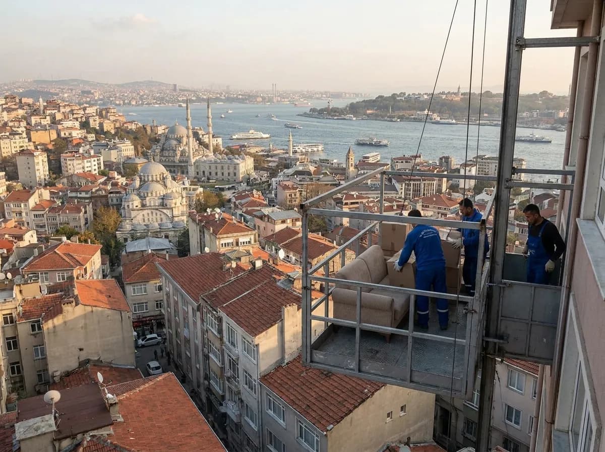 Dış cephe asansörü sepetiyle yüksek kattan mobilya indirme