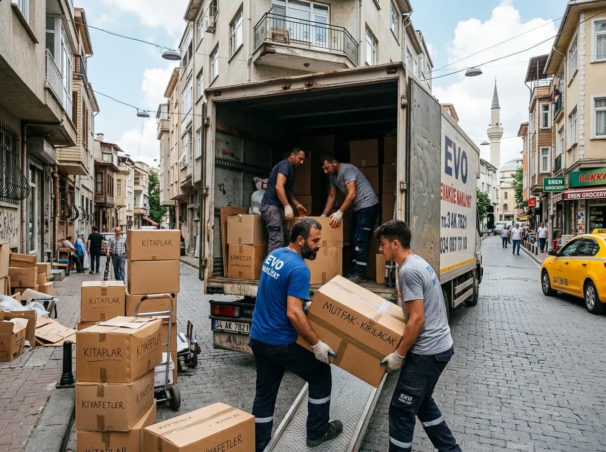 Evden eve nakliyatta kolilerin kamyona yüklenmesi