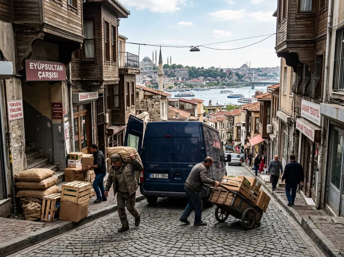 Eyüpsultan merkezde Haliç sırtındaki dik sokakta eşya yüklemesi