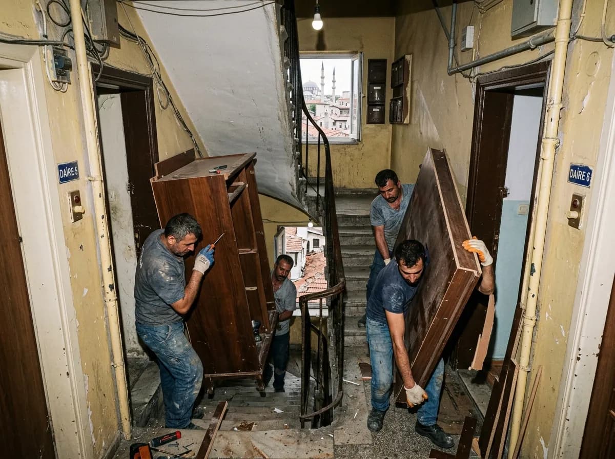 Fatih'te asansörsüz apartmanda gardırobun sökülerek dar merdivenden indirilmesi