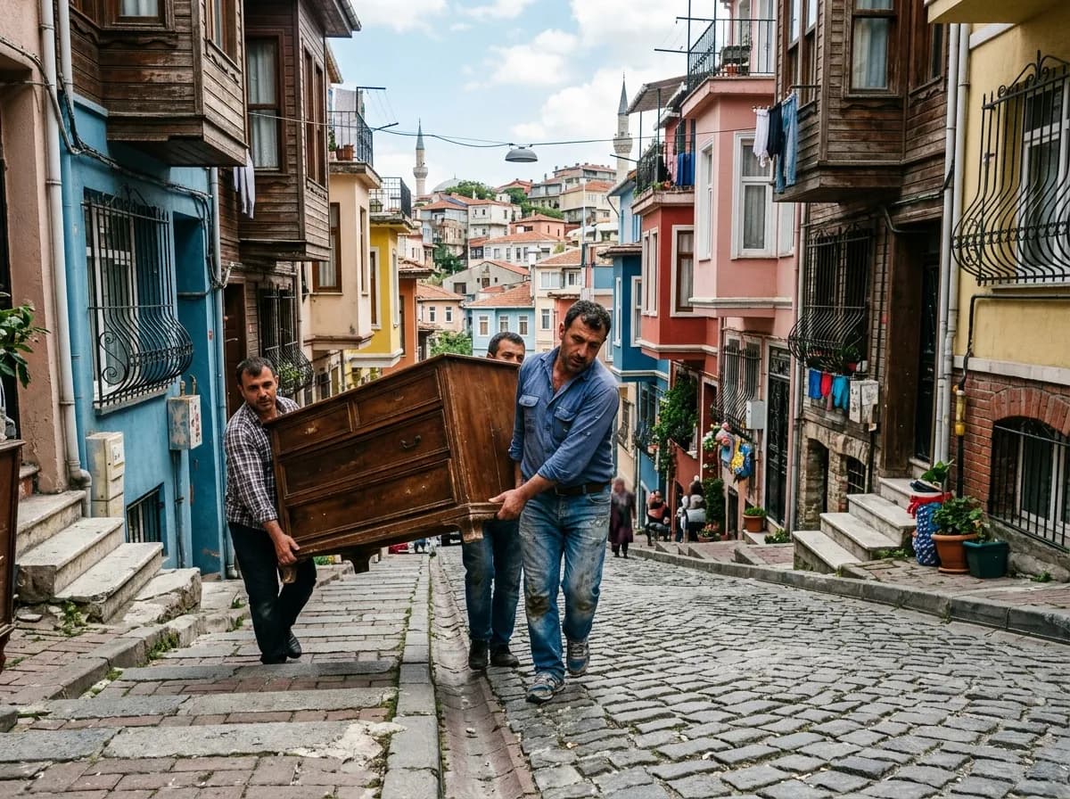 Fatih Balat'ta kot farklı taş sokakta mobilyanın elle taşınması