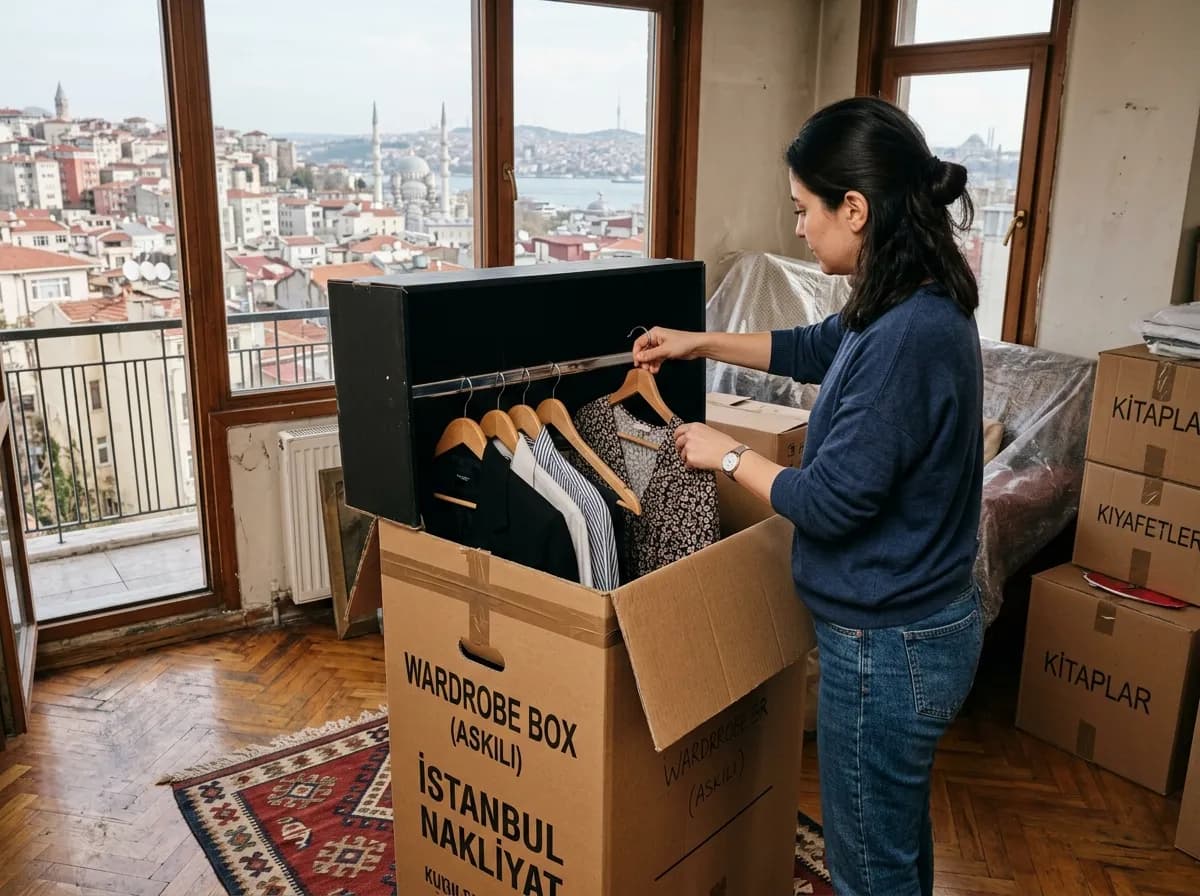 Askılı gardırop kolisine kıyafet yerleştirilmesi