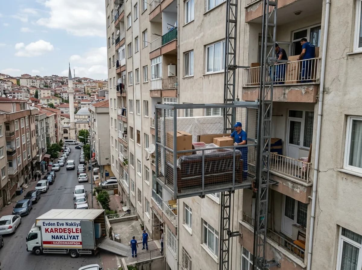 Gaziosmanpaşa'da yüksek kattan dış cephe asansörüyle mobilya indirilmesi