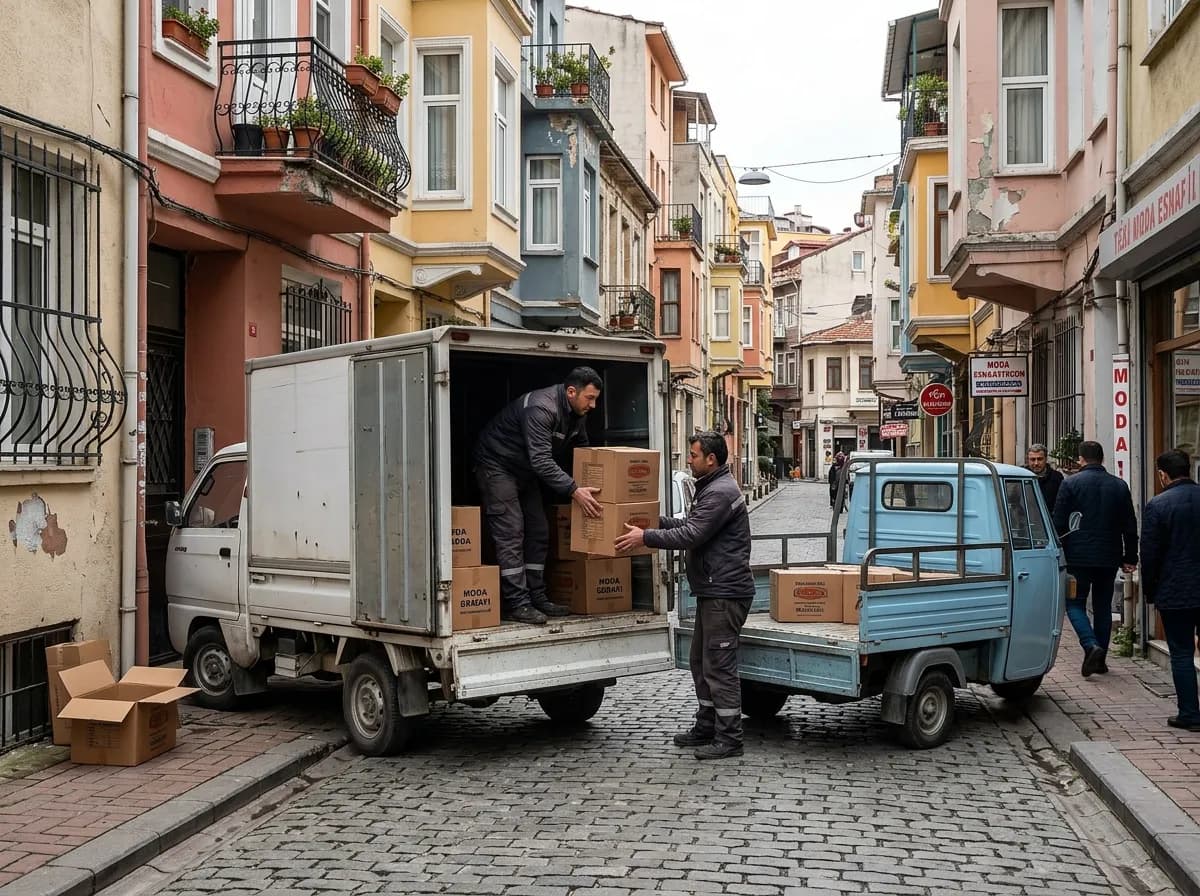 Kadıköy Moda dar sokakta iki küçük araçla eşya aktarması