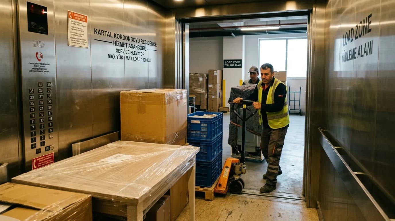 Kartal Kordonboyu kulesinde servis asansörüyle eşya taşınması