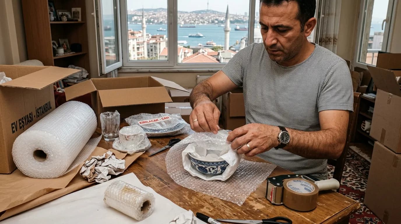 Cam ve porselen eşyanın balonlu naylonla katmanlı sarılması