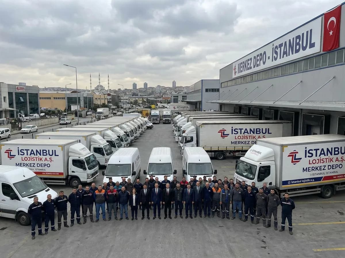 Nakliyat firması ekibi ve araç filosu merkez depo önünde