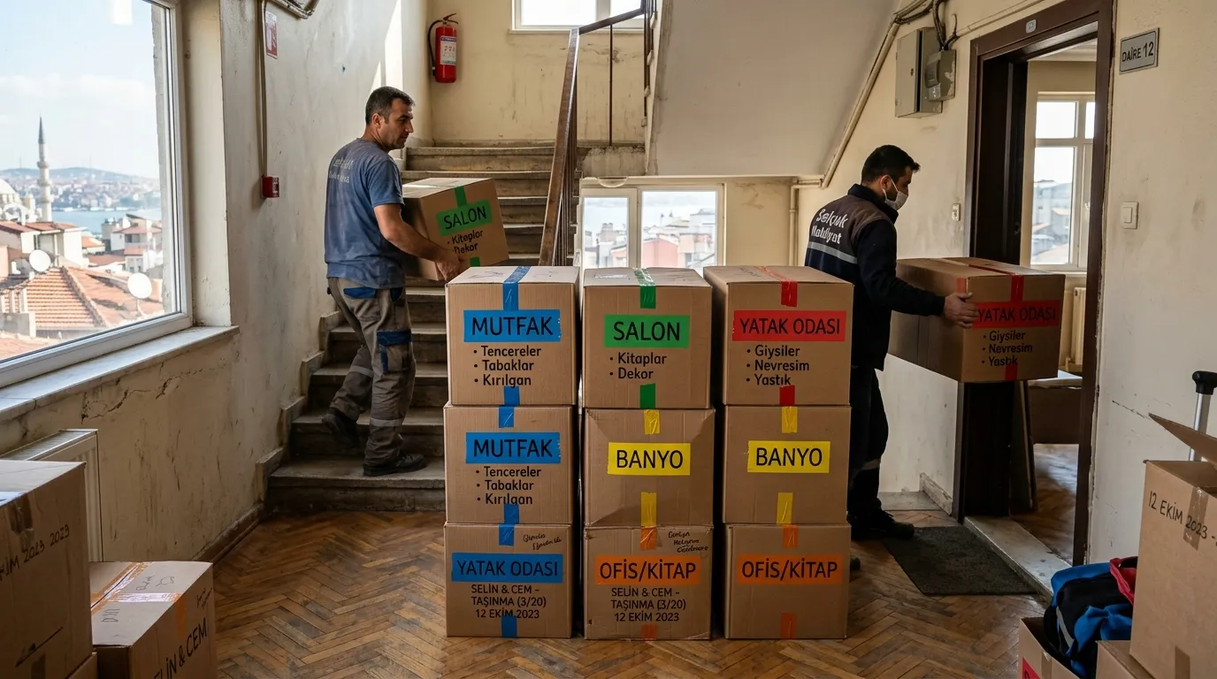 Oda etiketi ve renk kodu yazılmış hazır koliler