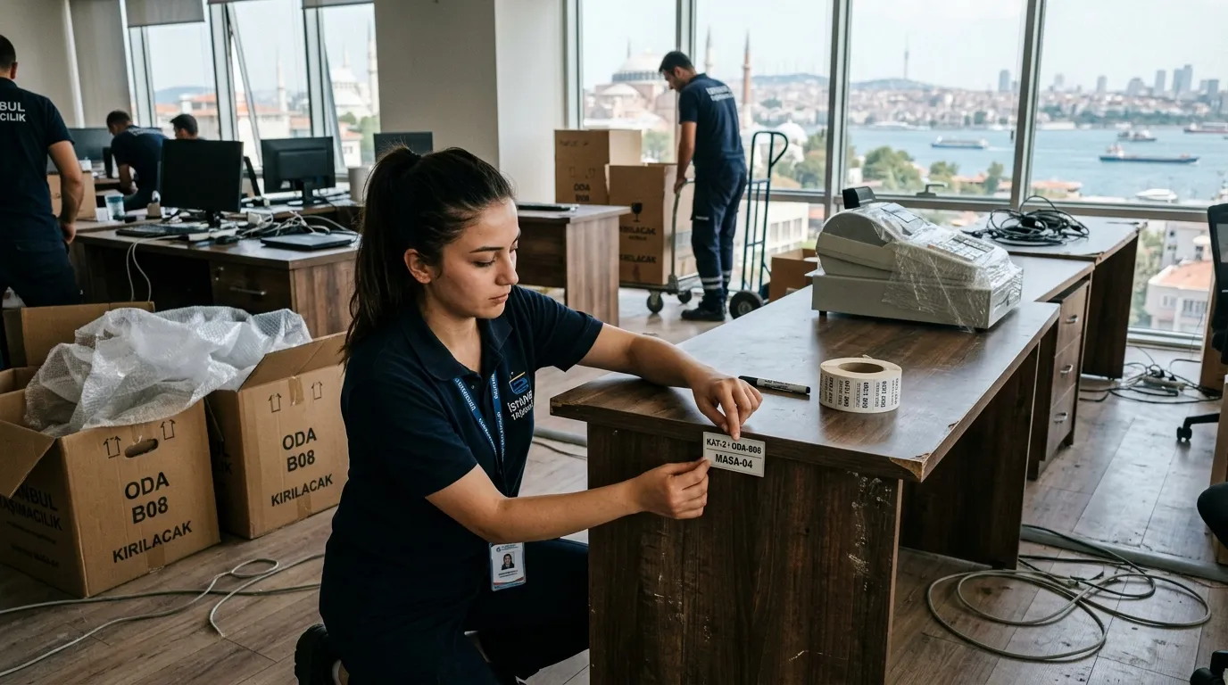 Ofis taşımada masa ve kasalara kat-oda kodu etiketi yapıştırılması