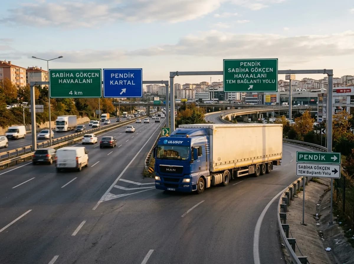 Pendik'te Sabiha Gökçen bağlantı yolunda şehirlerarası çıkış yapan nakliyat kamyonu