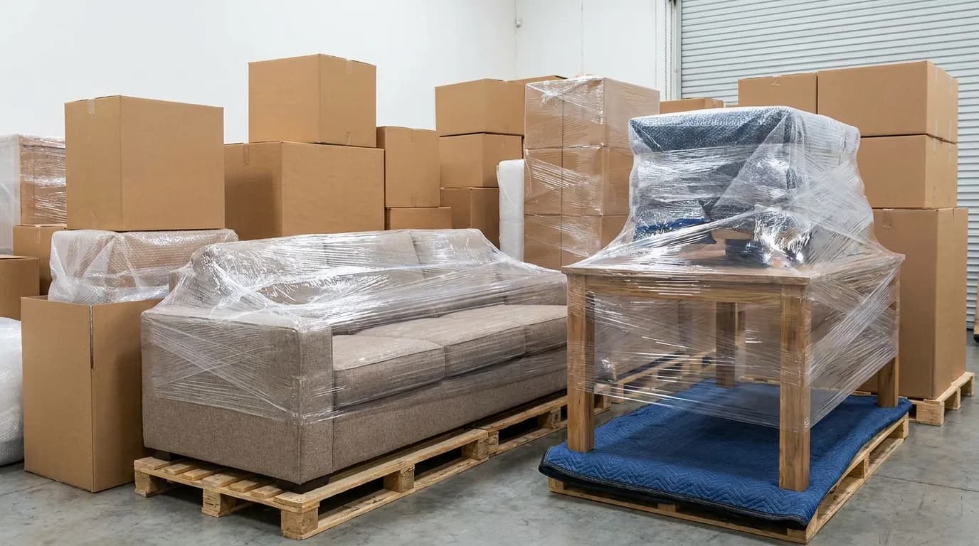 Profesyonel malzemeyle paketlenmiş koliler ve mobilya