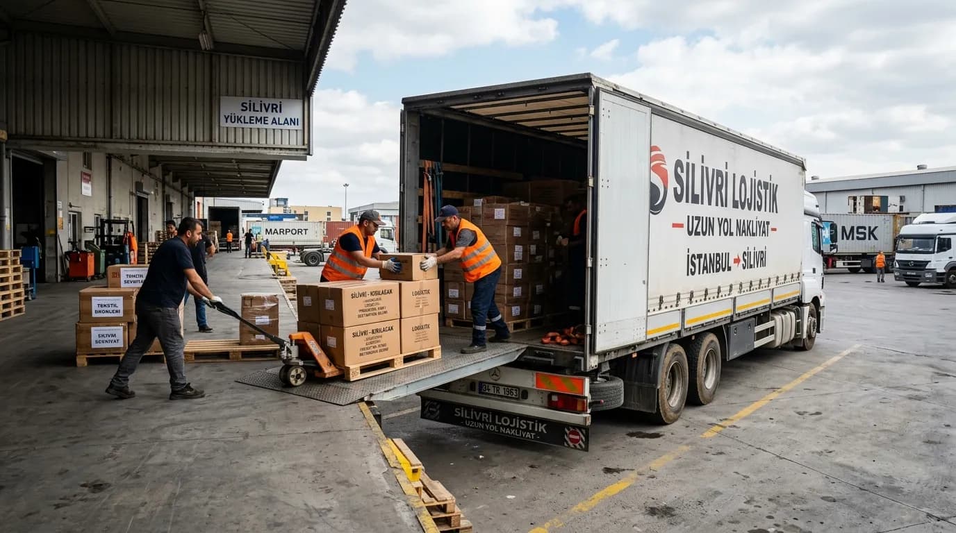Silivri'ye uzun mesafe taşımada kapalı kasa kamyona eşya yüklenmesi