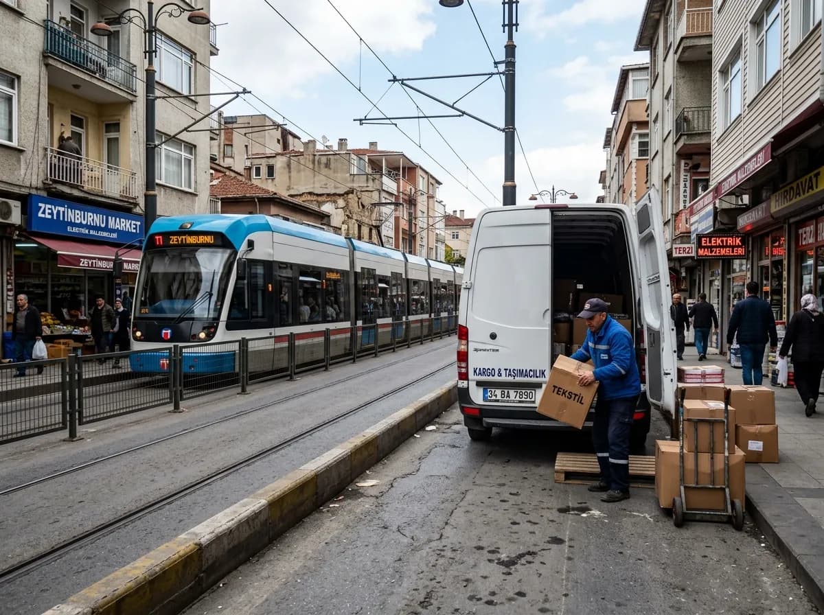Şişli Nişantaşı'nda dar tek yön sokakta nakliye aracına eşya yüklenmesi