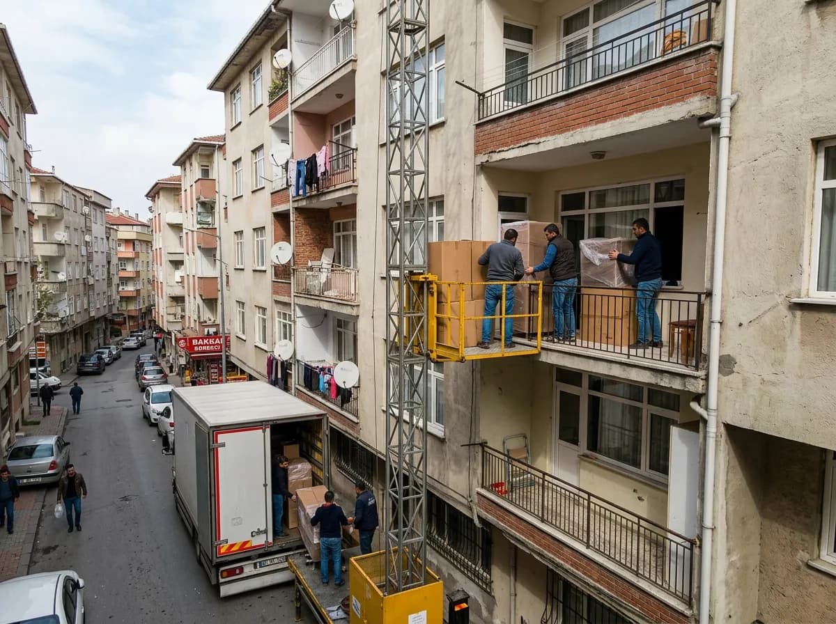 Ümraniye'de eski apartmanda dış cephe asansörüyle eşya indirme