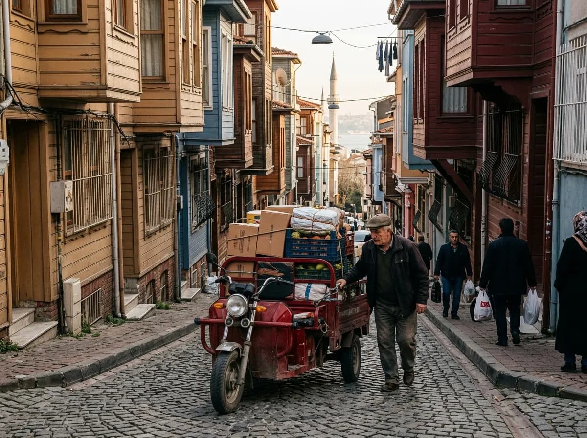 Üsküdar'da dik tarihi sokakta küçük araçla eşya aktarımı